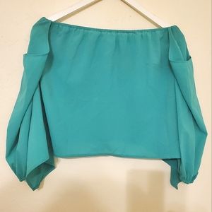 Double Zero Aqua Blue Green Flowy Peasant Off Shoulder Tube Top Long Sleeve